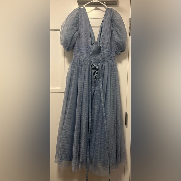 Sz 14 Puffy Sleeve Prom Dress Dotted Tulle V Neck Formal Evening Party Tea Gown - Picture 2 of 4